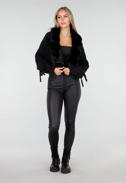 NEW240925 Zwarte Cardigan met Fur Kraag