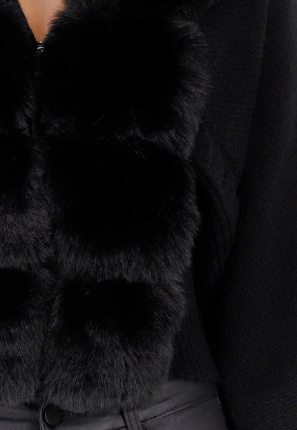 NEW240925 Zwarte Cardigan met Fur Kraag