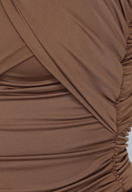 NEW2412 Bruine Geplooide Top met Gekruist Model