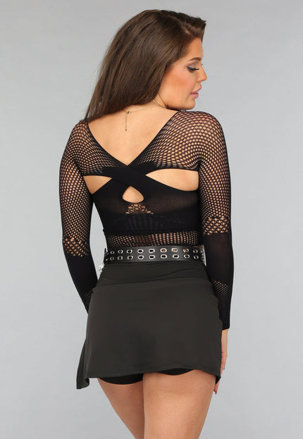 NEW2412 Cropped Fishnet Top met Gekruiste Look