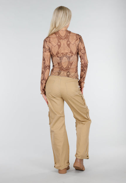 NEW250226 Bruine Mesh Top met Paisley Print