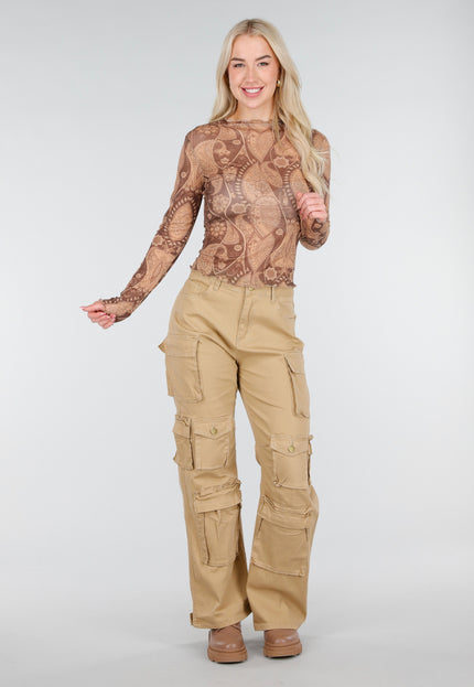 NEW250226 Bruine Mesh Top met Paisley Print