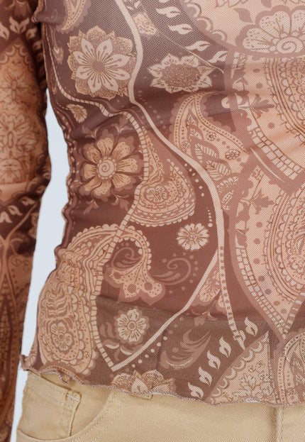 NEW250226 Bruine Mesh Top met Paisley Print