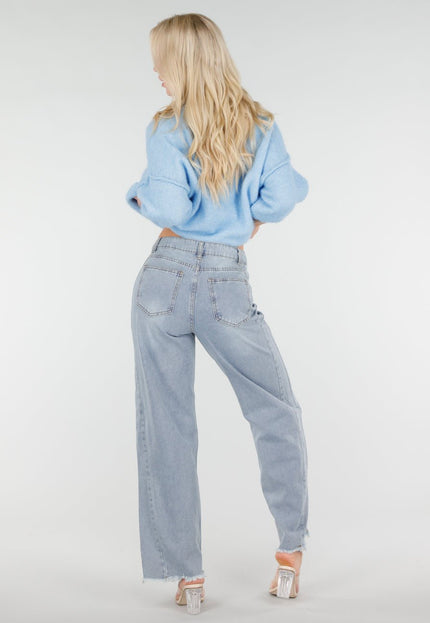 NEW250226 Lichtblauwe Wide Leg Jeans met Rafelige Zoom