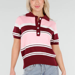 NEW250226 Roze en Bordeaux Gestreepte Polo Top