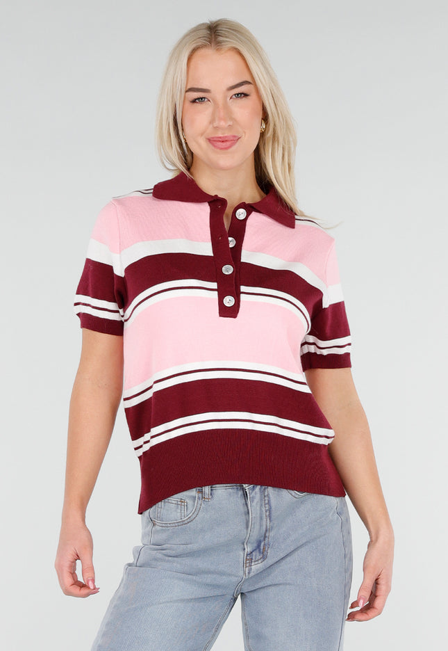 NEW250226 Roze en Bordeaux Gestreepte Polo Top