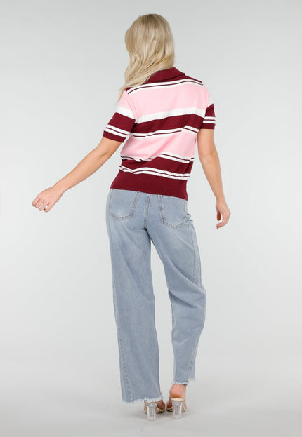 NEW250226 Roze en Bordeaux Gestreepte Polo Top