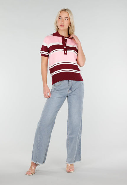 NEW250226 Roze en Bordeaux Gestreepte Polo Top