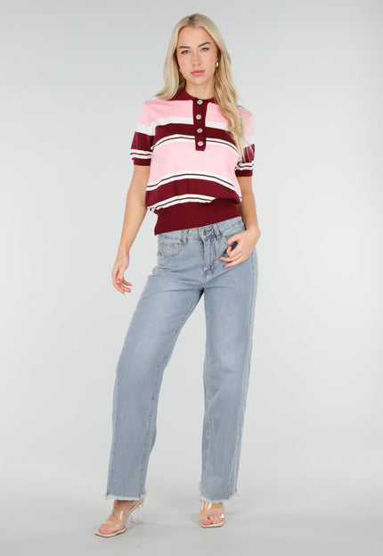 NEW250226 Roze en Bordeaux Gestreepte Polo Top