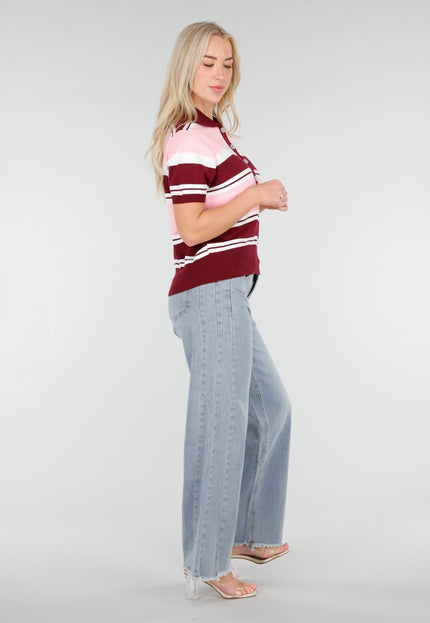 NEW250226 Roze en Bordeaux Gestreepte Polo Top