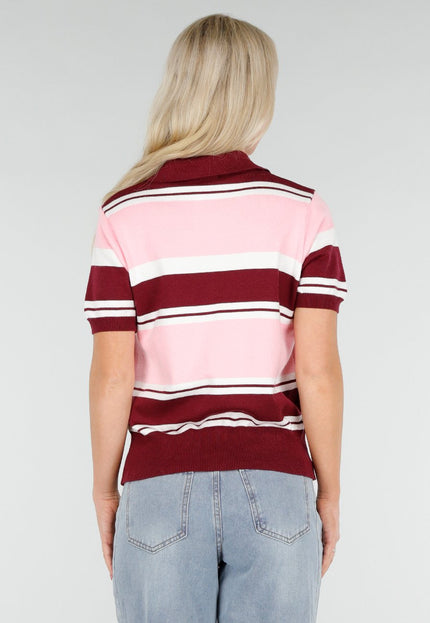 NEW250226 Roze en Bordeaux Gestreepte Polo Top