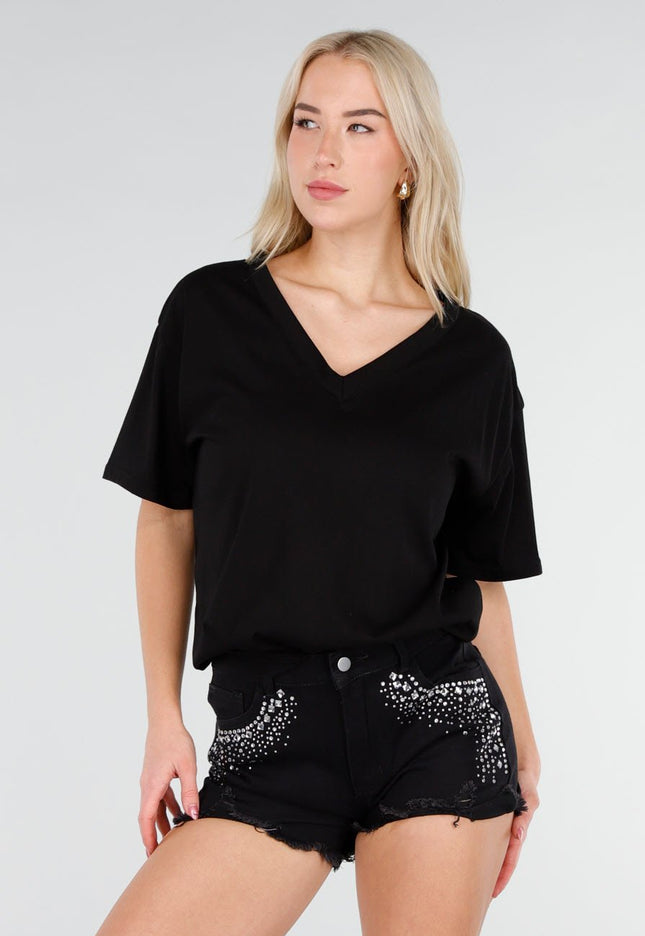 NEW250226 Zwart Katoenen T Shirt met V Hals