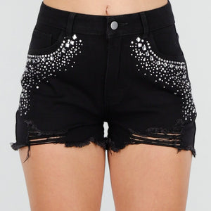 NEW250226 Zwarte Denim Short met Strass Steentjes