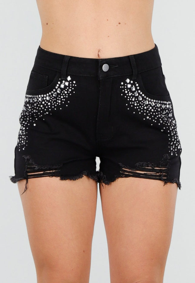 NEW250226 Zwarte Denim Short met Strass Steentjes