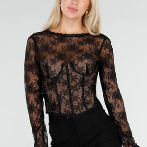 NEW250226 Zwarte Kanten Top met Lange Mouwen