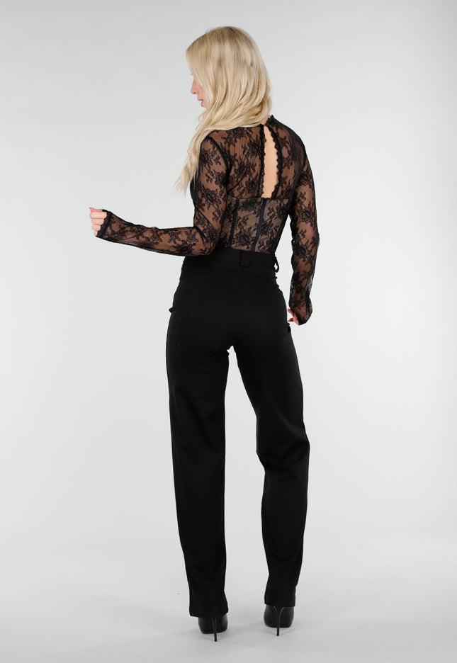 NEW250226 Zwarte Kanten Top met Lange Mouwen