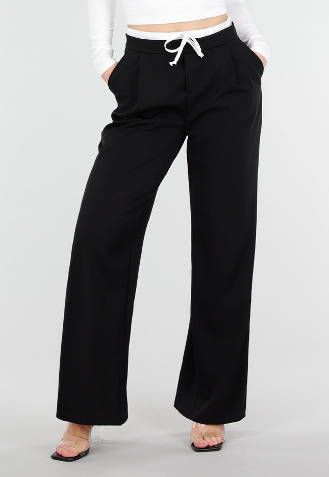 NEW250226 Zwarte Straight Leg Broek met Witte Tailleband