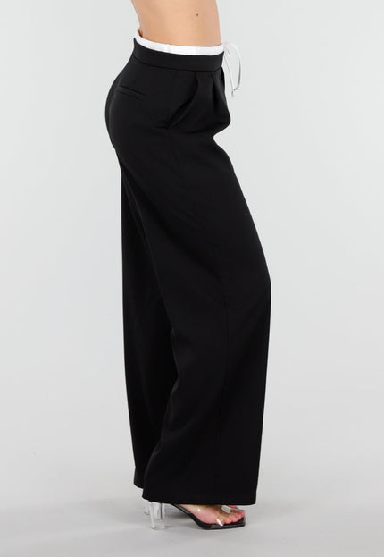 NEW250226 Zwarte Straight Leg Broek met Witte Tailleband