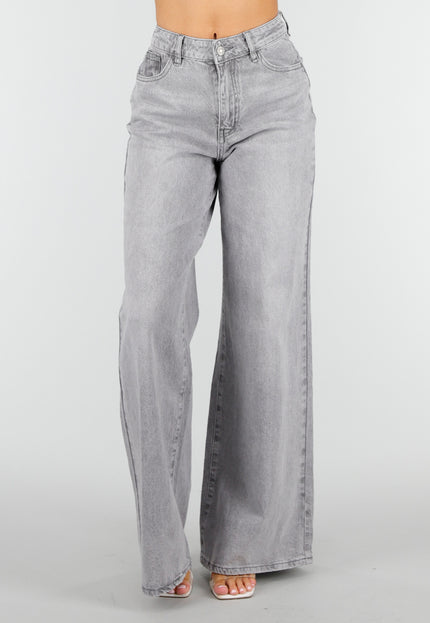 NEW250326 Grijze Wide Leg Jeans met Hoge Taille