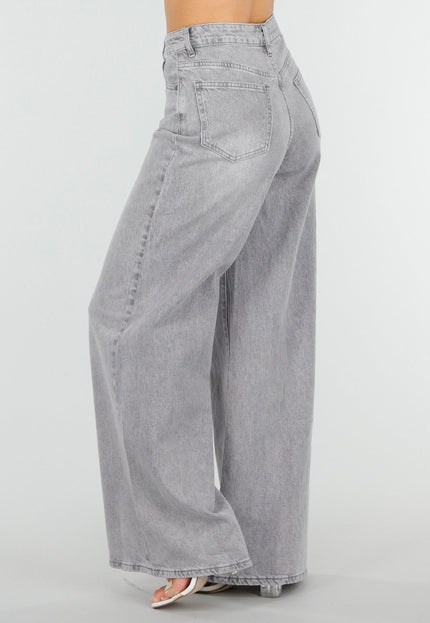 NEW250326 Grijze Wide Leg Jeans met Hoge Taille