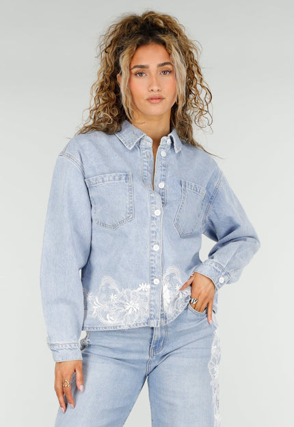 NEW250326 Lichtblauwe Denim Blouse met Kant