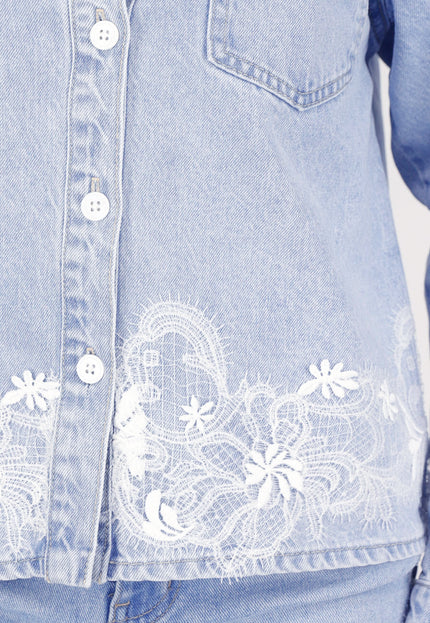 NEW250326 Lichtblauwe Denim Blouse met Kant