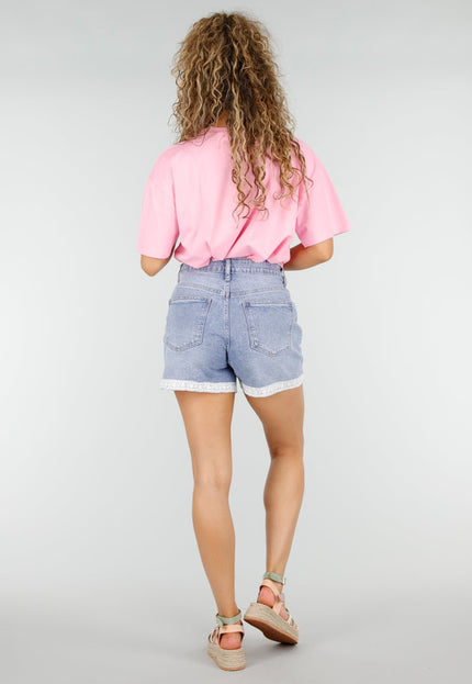NEW250326 Lichtblauwe Denim Short met Kant en Omslag