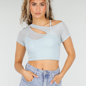 NEW250326 Lichtblauwe Mesh Crop Top met Korte Mouw