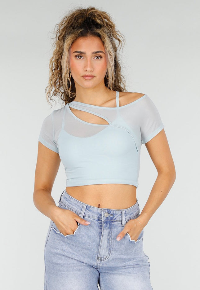 NEW250326 Lichtblauwe Mesh Crop Top met Korte Mouw