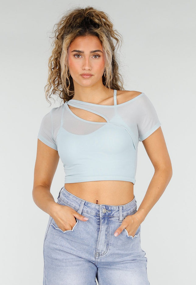 NEW250326 Lichtblauwe Mesh Crop Top met Korte Mouw