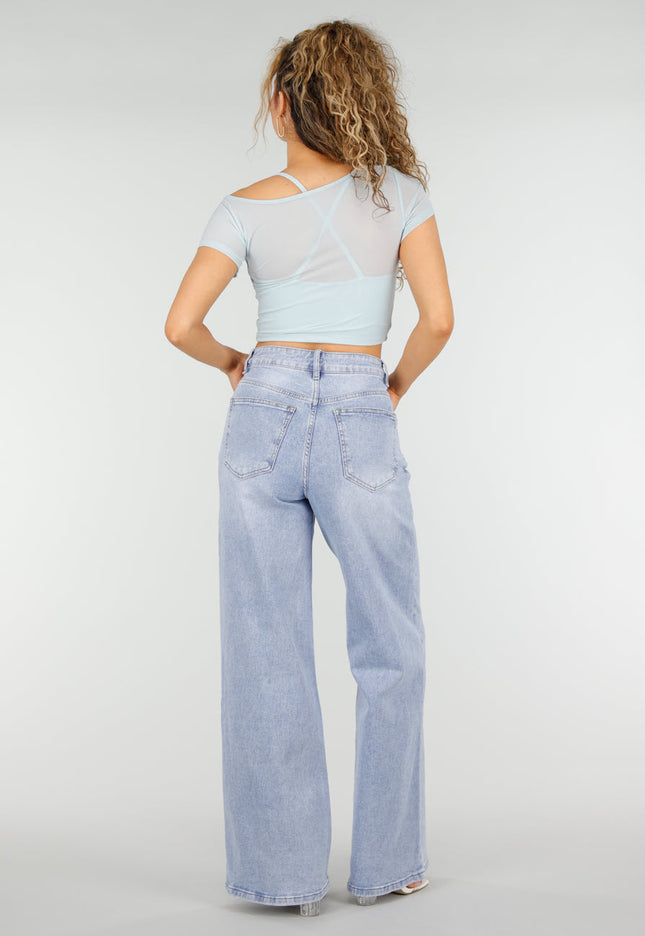NEW250326 Lichtblauwe Mesh Crop Top met Korte Mouw
