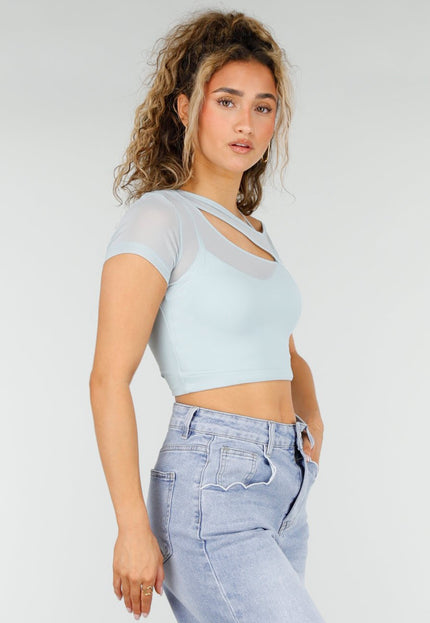 NEW250326 Lichtblauwe Mesh Crop Top met Korte Mouw