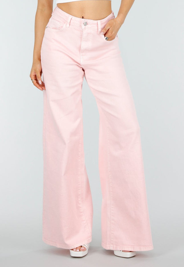 NEW250326 Lichtroze Wide Leg Jeans met Hoge Taille
