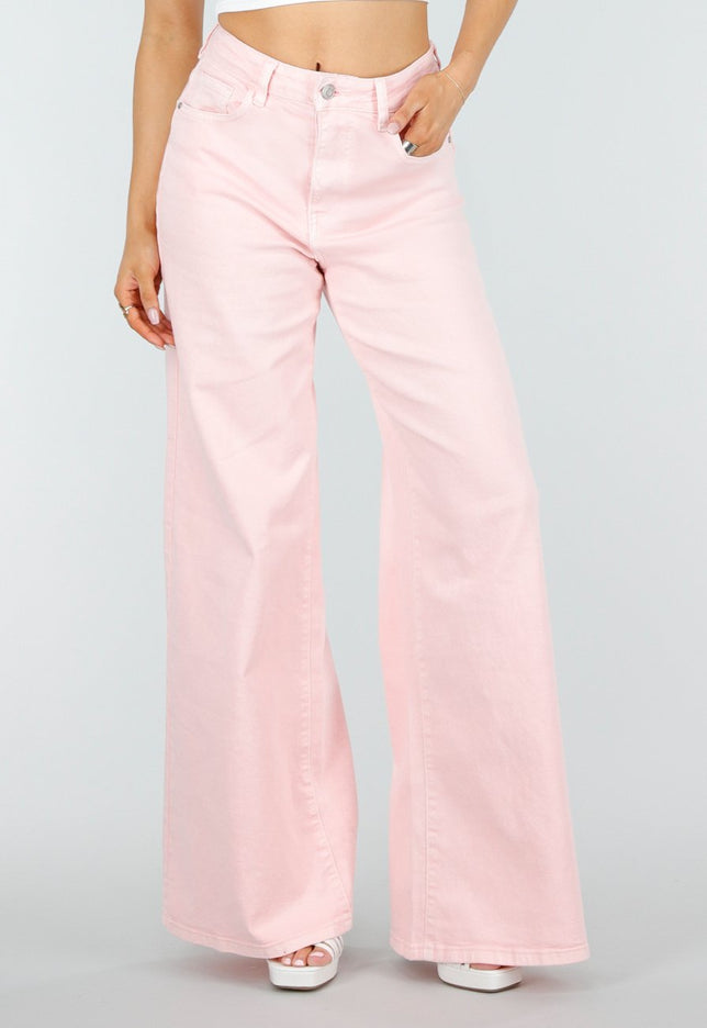 NEW250326 Lichtroze Wide Leg Jeans met Hoge Taille