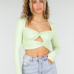 NEW250326 Mintgroene Crop Top met Lange Mouwen en Twist