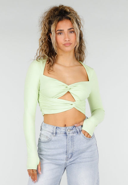NEW250326 Mintgroene Crop Top met Lange Mouwen en Twist
