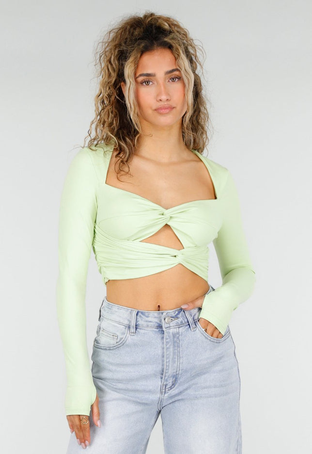 NEW250326 Mintgroene Crop Top met Lange Mouwen en Twist