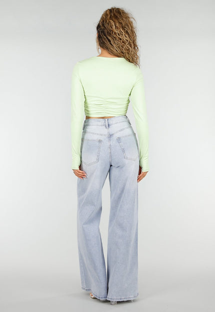 NEW250326 Mintgroene Crop Top met Lange Mouwen en Twist