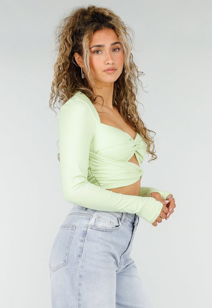 NEW250326 Mintgroene Crop Top met Lange Mouwen en Twist