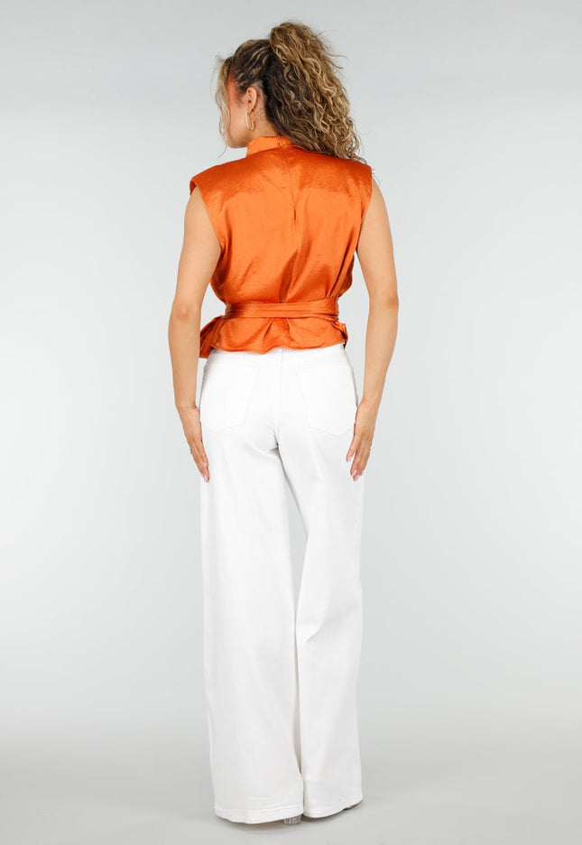 NEW250326 Oranje Satijnen Mouwloze Top met Tailleband