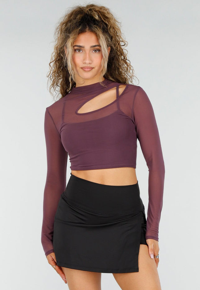 NEW250326 Paarse Mesh Crop Top met Lange Mouwen