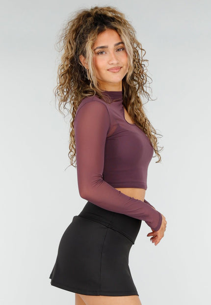 NEW250326 Paarse Mesh Crop Top met Lange Mouwen