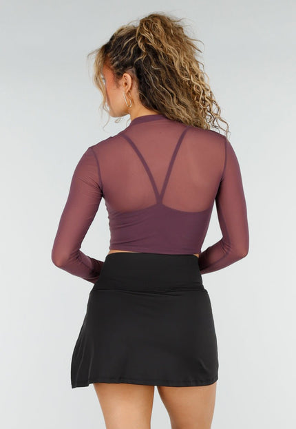 NEW250326 Paarse Mesh Crop Top met Lange Mouwen