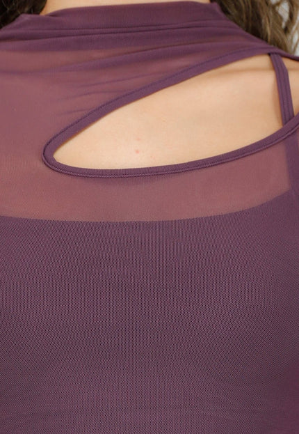 NEW250326 Paarse Mesh Crop Top met Lange Mouwen