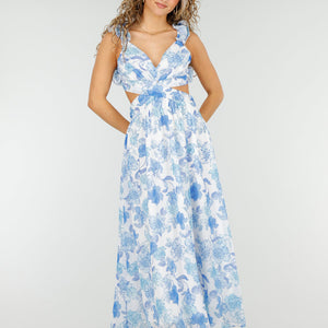 NEW250326 Witte Maxi Jurk met Blauwe Bloemenprint