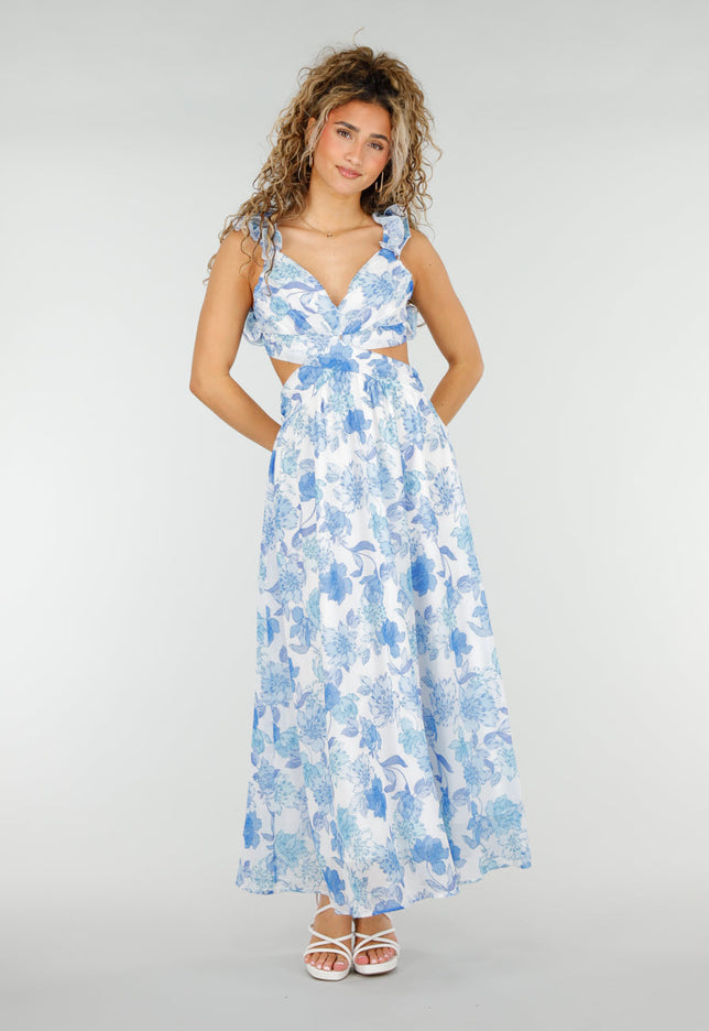 NEW250326 Witte Maxi Jurk met Blauwe Bloemenprint