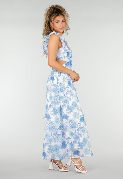 NEW250326 Witte Maxi Jurk met Blauwe Bloemenprint