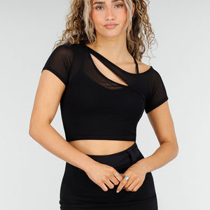 NEW250326 Zwarte Mesh Crop Top met Korte Mouw