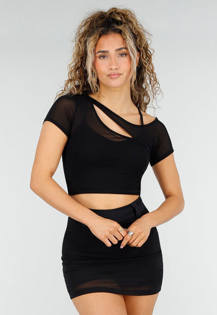 NEW250326 Zwarte Mesh Crop Top met Korte Mouw