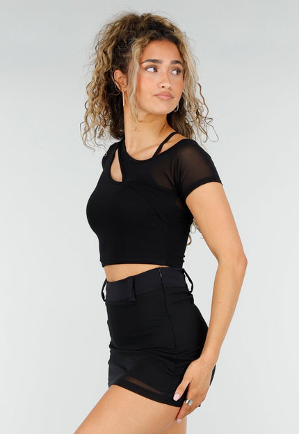 NEW250326 Zwarte Mesh Crop Top met Korte Mouw